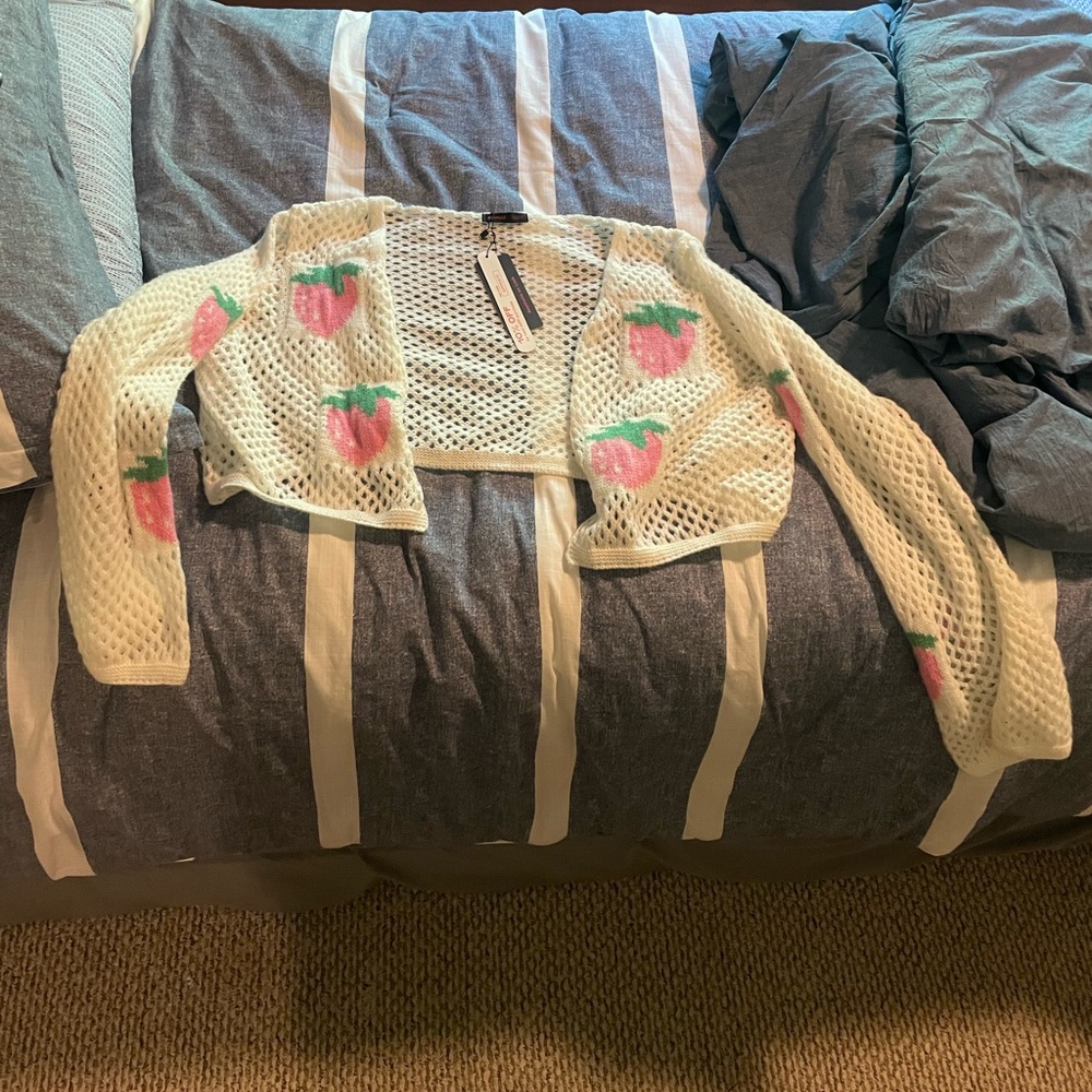 ROMWE Open Knit Strawberry Cardigan